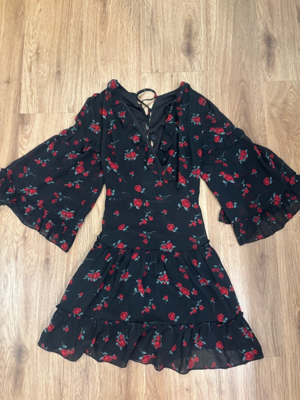 Zara Black Mini Dress with Red Rose Print and Ruffled Bell Sleeves